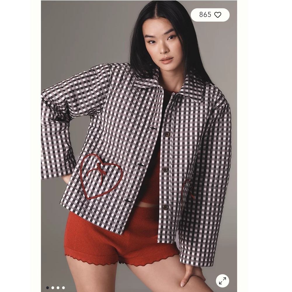 Anthropologie Forever That Girl Women S Quilted Heart Jacket Black Gingham  Coat